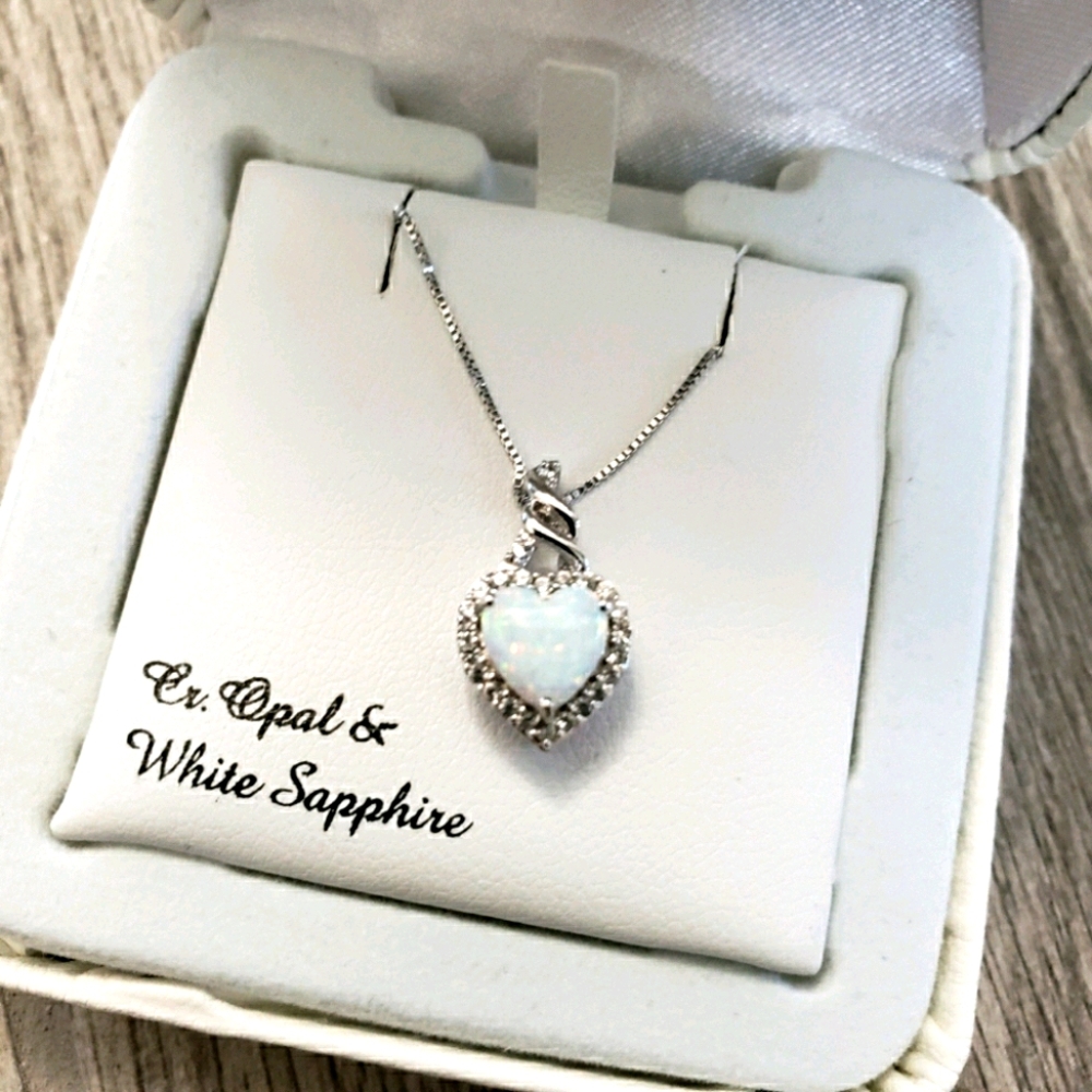 Sterling Silver opal&white sapphire heart necklace
